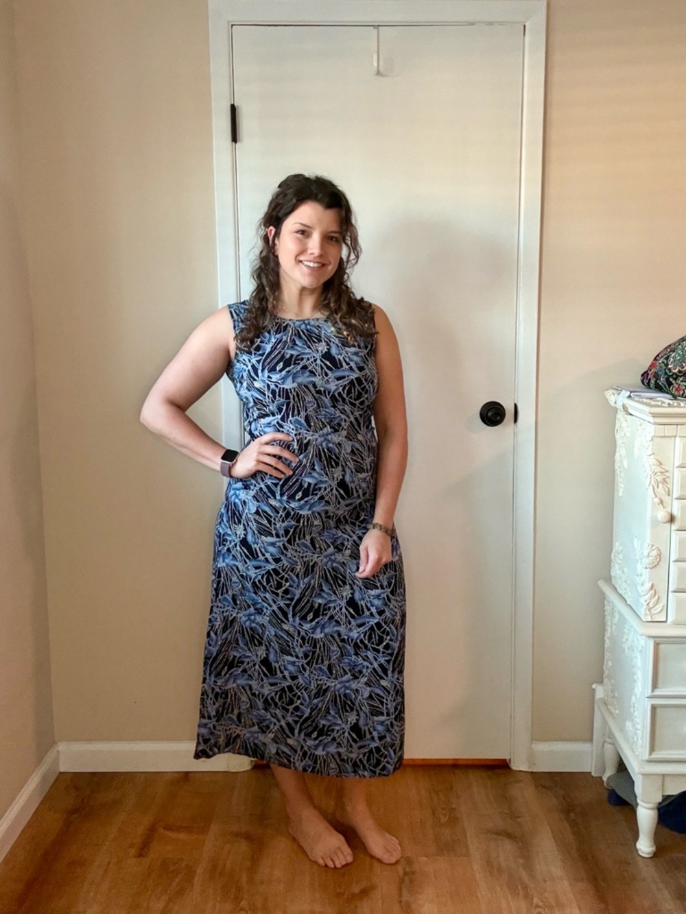 Vintage Sleeveless Blue Patterned Midi Dress
